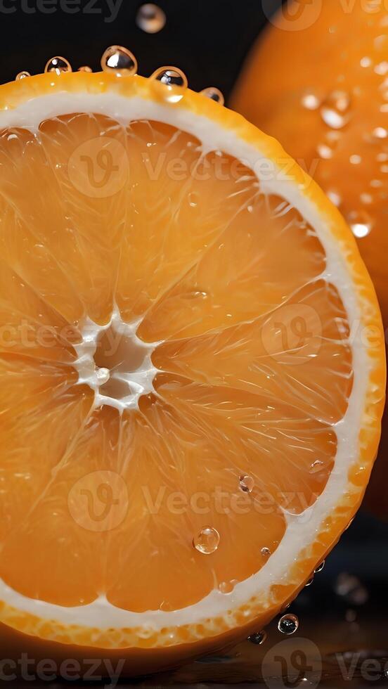 AI generated an orange is cut in half with water droplets photo