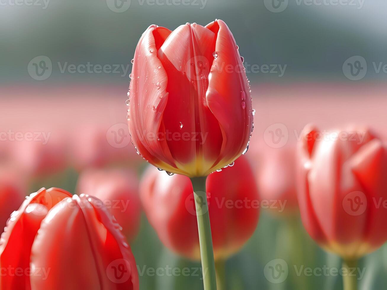 AI generated red tulips in a field with water droplets on them photo