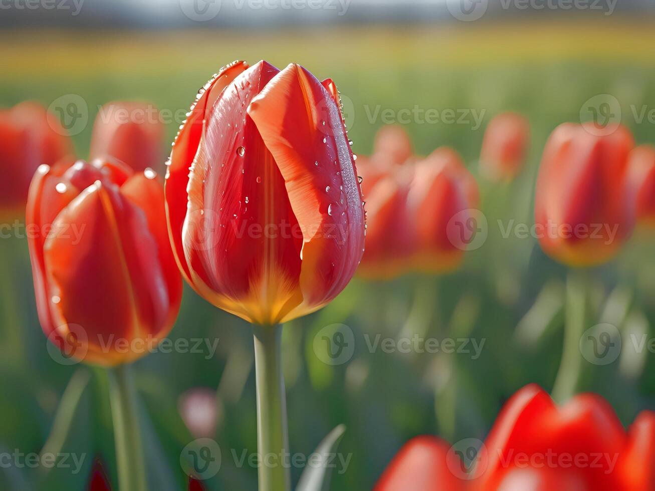 ai generado rojo tulipanes en un campo con agua gotas en ellos foto