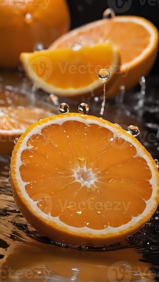 AI generated orange slices in water with bubbles photo