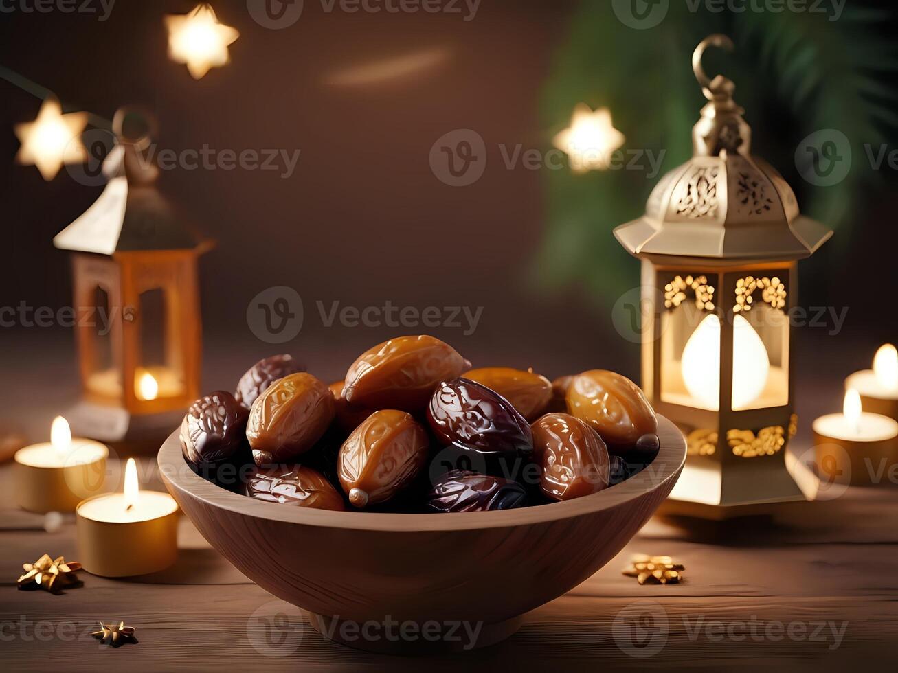 AI generated dates in a bowl with candles on a wooden table with christmas decorations photo