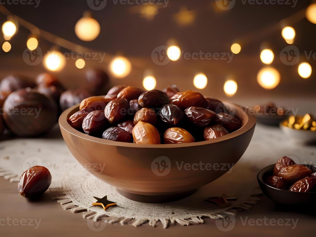 AI generated dates in a bowl on a table with light photo