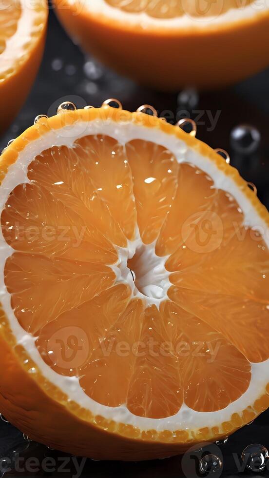 AI generated orange slices with water droplets on a black surface photo