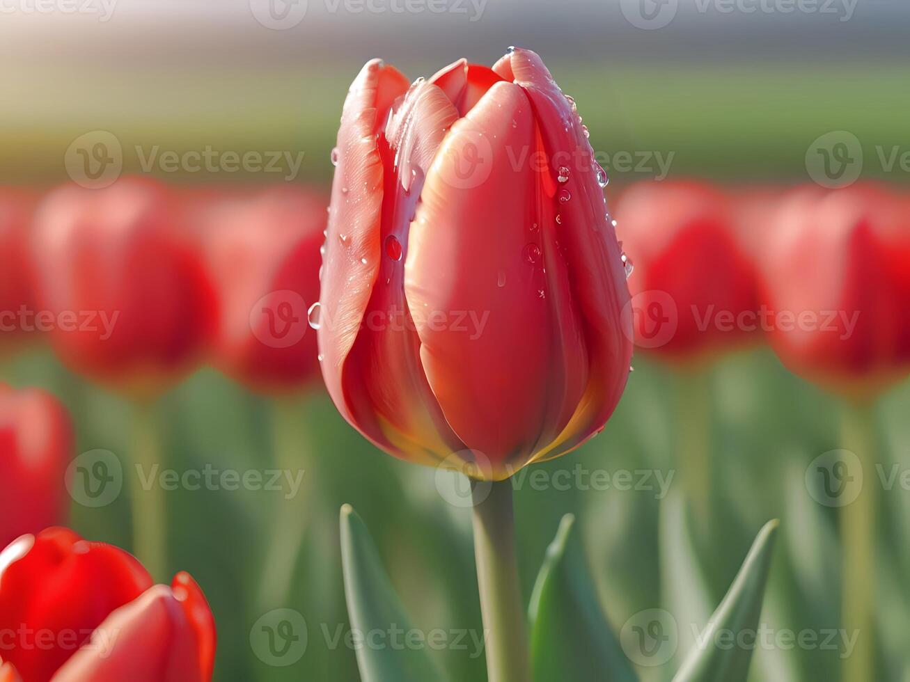 AI generated red tulips in a field with water droplets on them photo