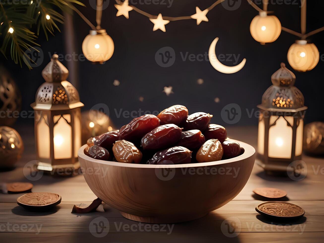 AI generated dates in a bowl with a crescent moon and lanterns on a wooden table photo