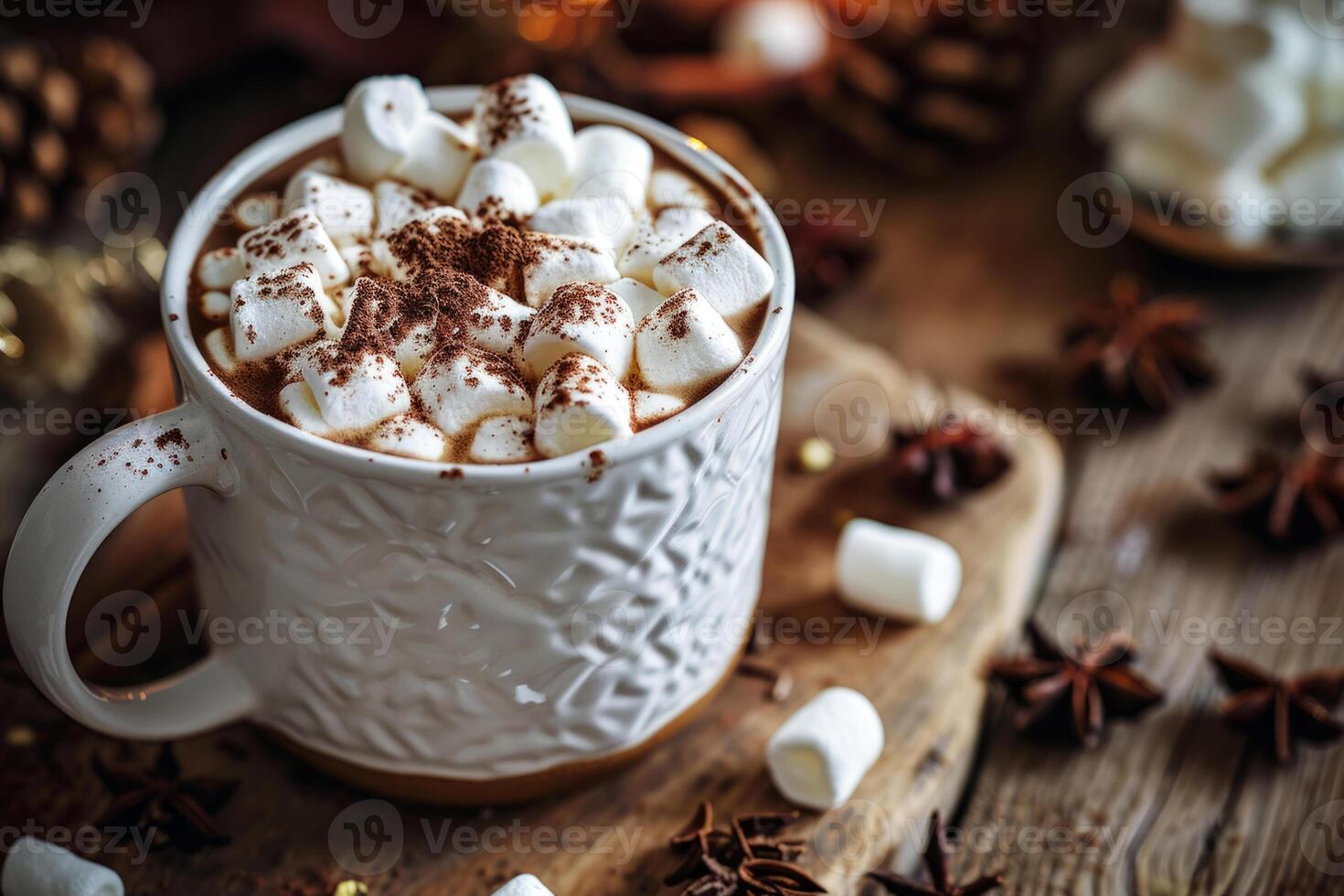 AI generated Chocolate hot cocoa in white mug with marshmallows. Generative AI photo