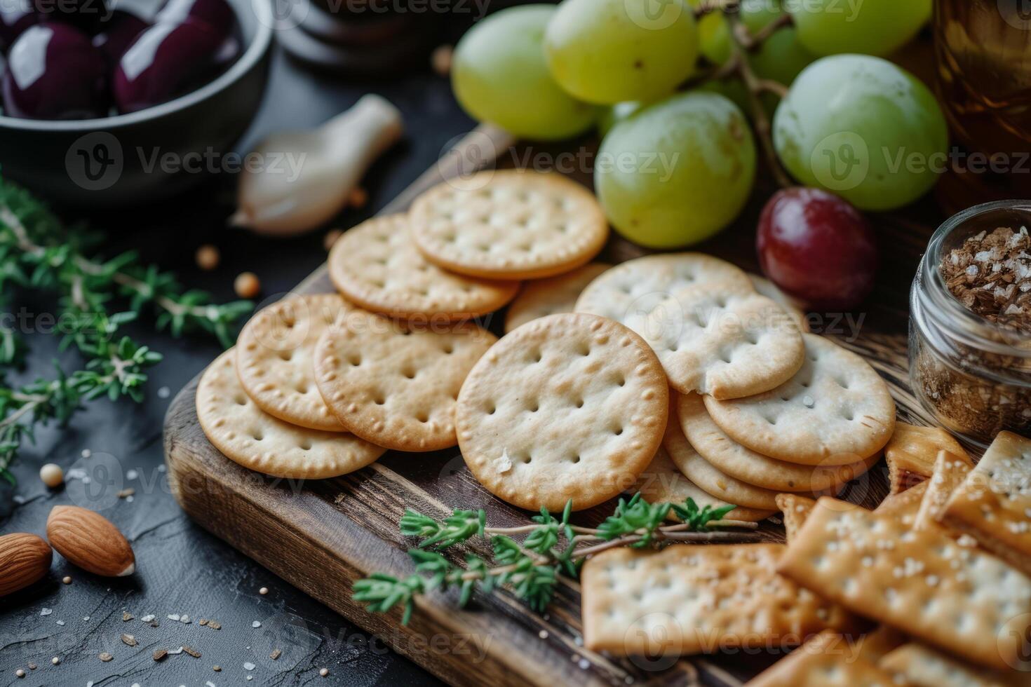 AI generated Board with crackers and other snacks. Generative AI photo