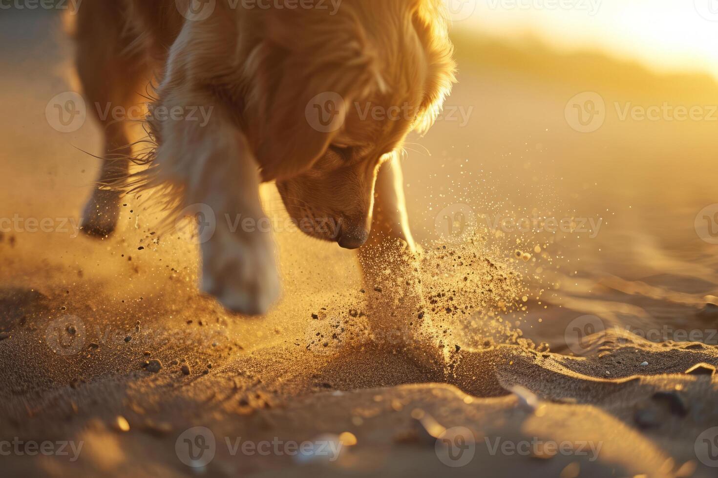 AI generated Dog is taking a rest on the sand beach. Generative AI photo