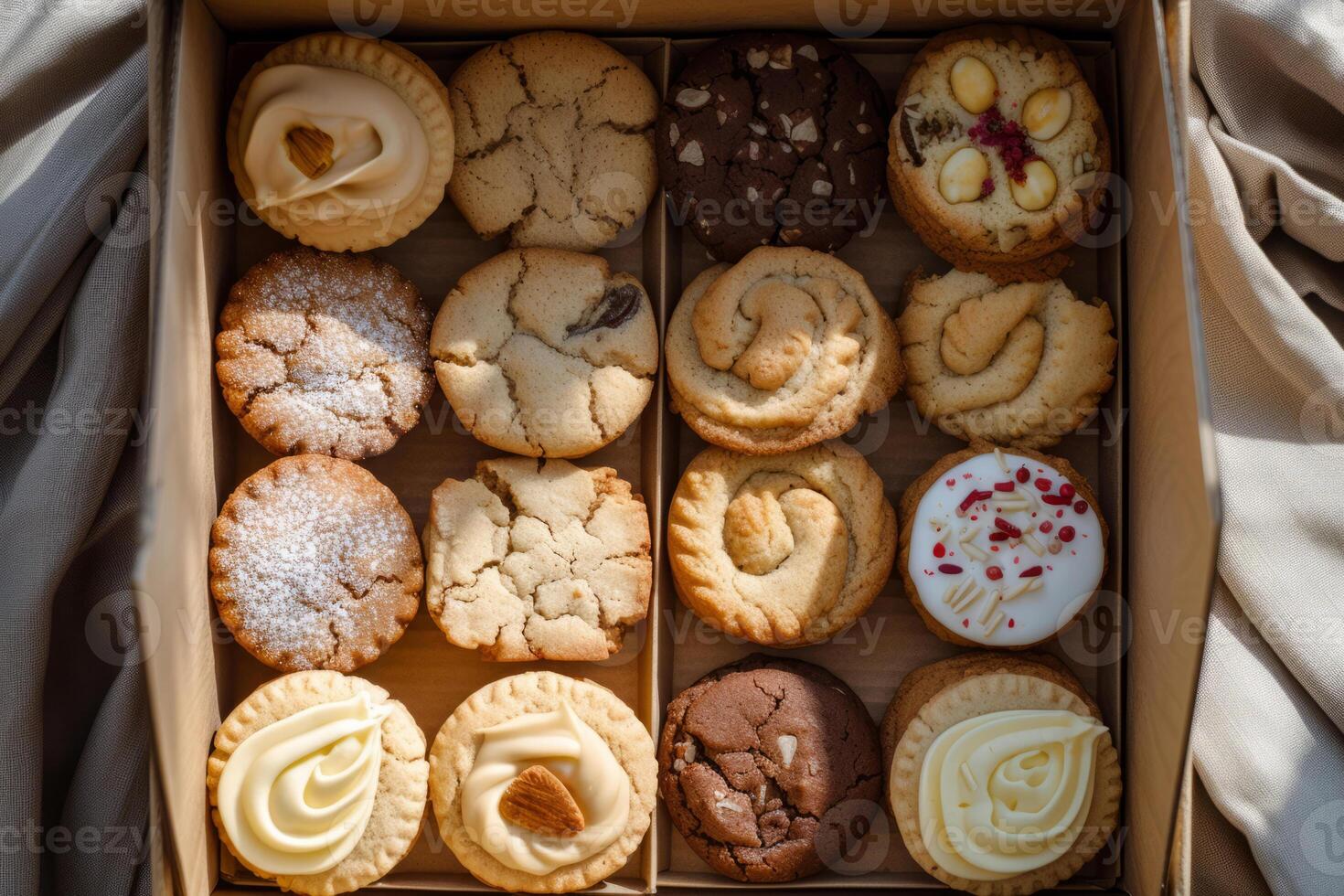 AI generated Box of assorted healthy cookies freshly baked and packed to go. Generative AI photo