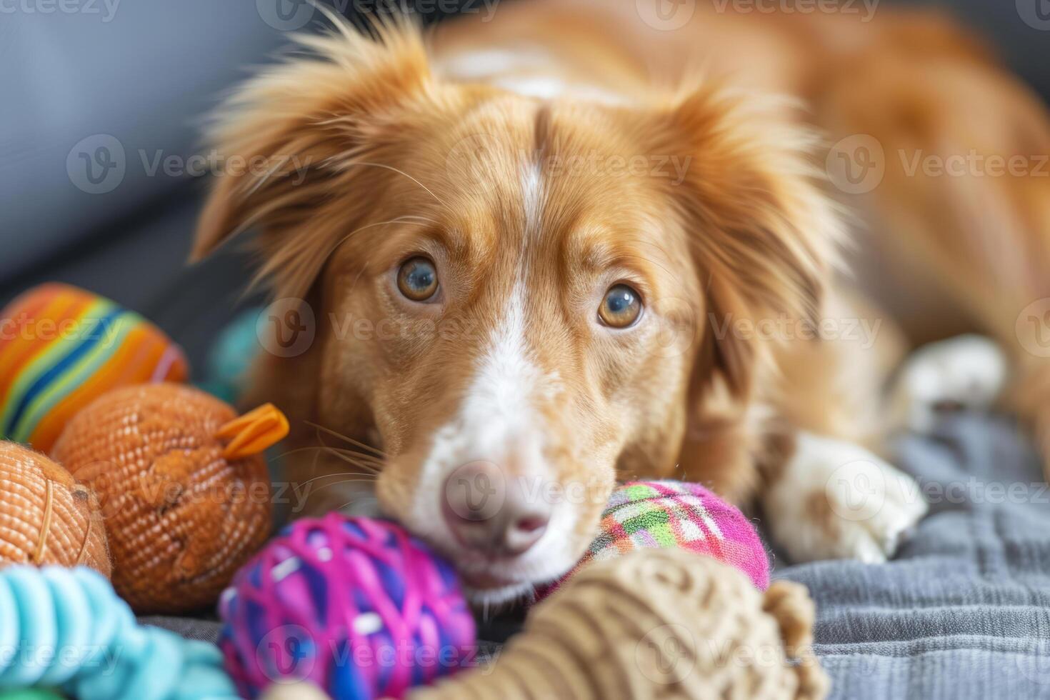 AI generated Dog at home in the living room playing with his toys. Generative AI photo