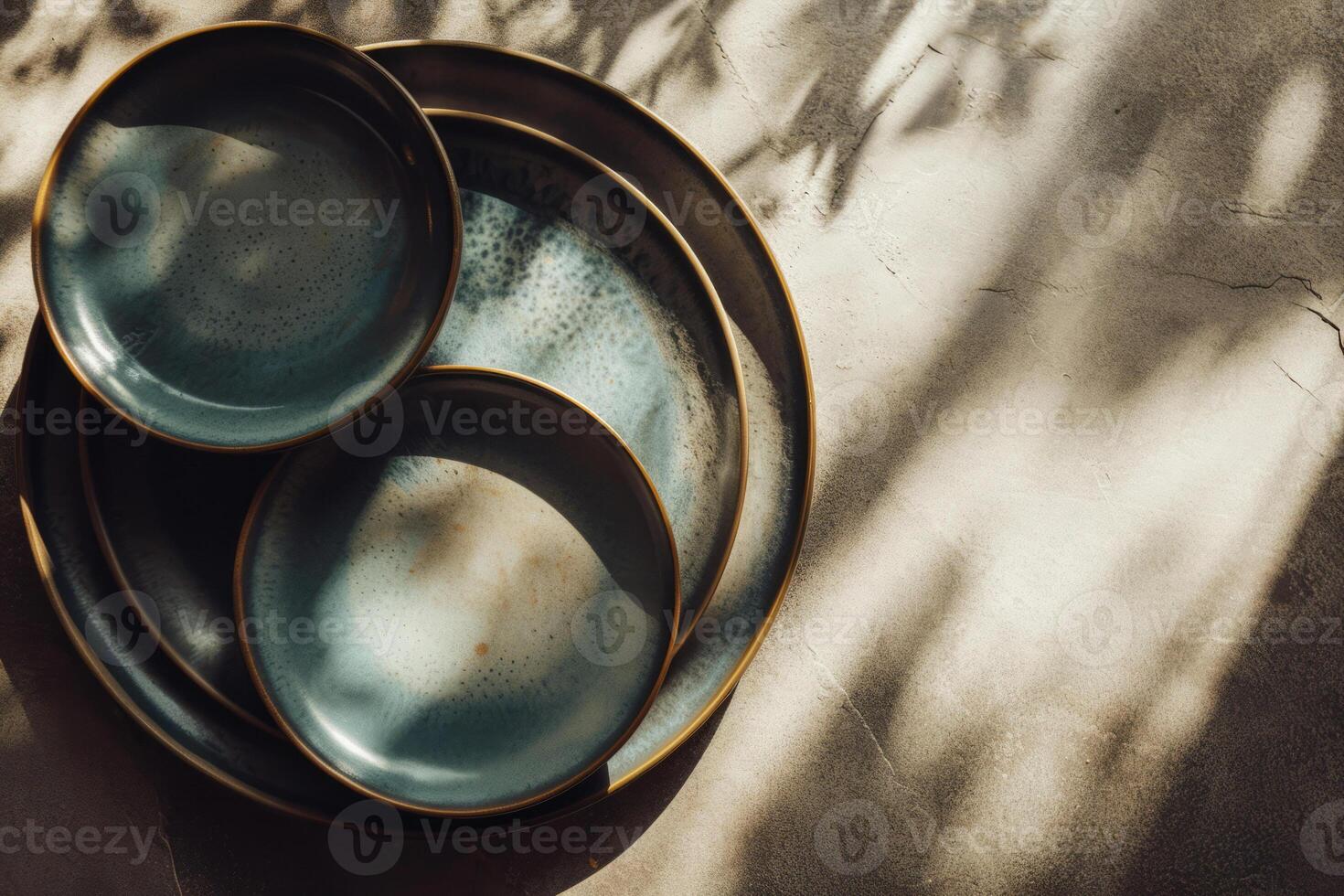 AI generated Top view of vintage ceramic plates. Generative AI photo