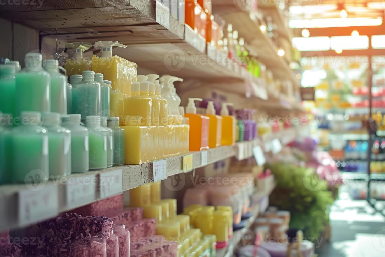 AI generated Shelves with items including soap and shampoo to sell. Generative AI photo