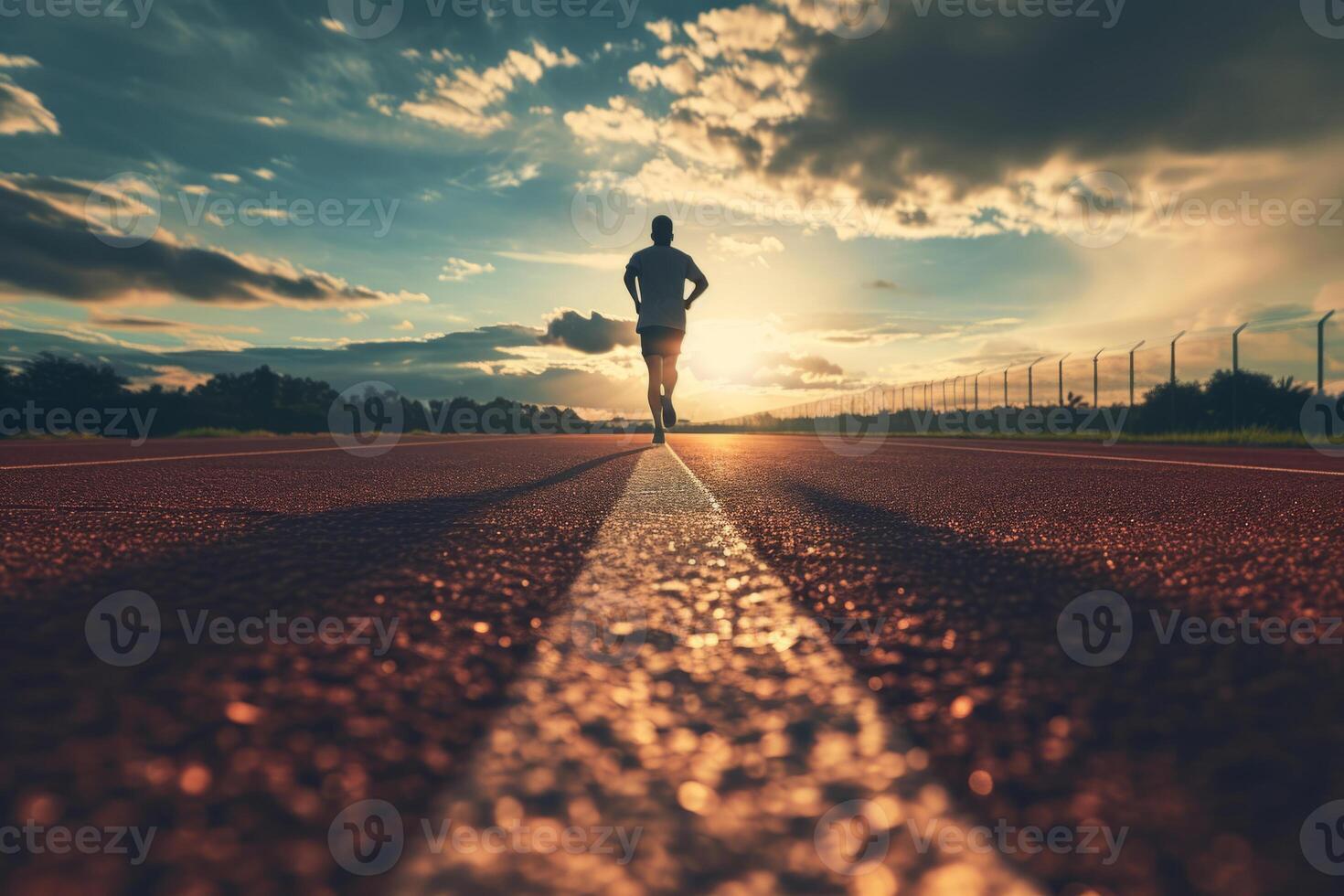 AI generated Back view of man runs on a track. Jogging concept at outdoors. Generative AI photo