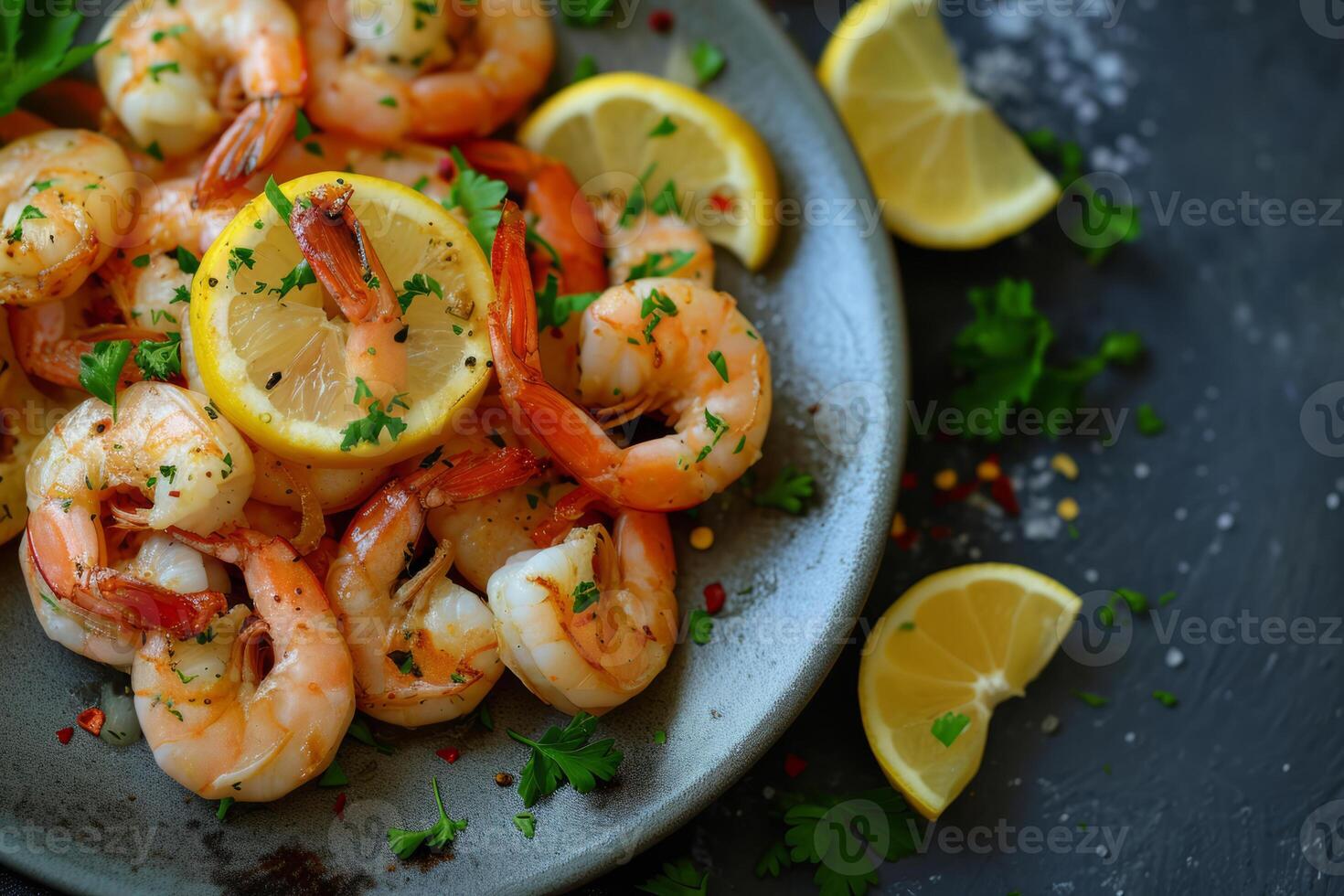 AI generated Grilled shrimps or prawns served with lemon and garlic. Seafood. Generative AI photo