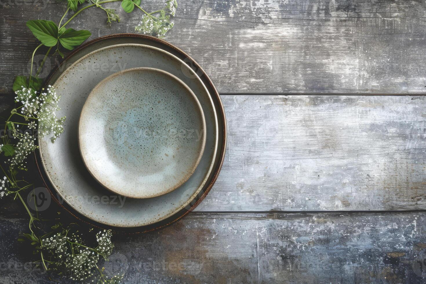 AI generated Vintage ceramic plates. Empty beautiful ceramic plates. Generative AI photo