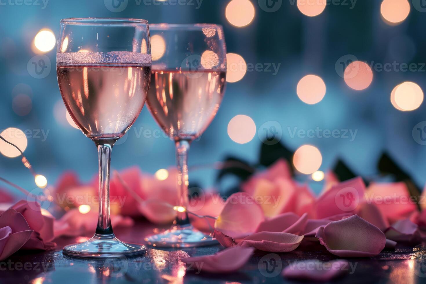 AI generated Two glasses of vine with pink rose petals on bokeh background. Generative AI photo