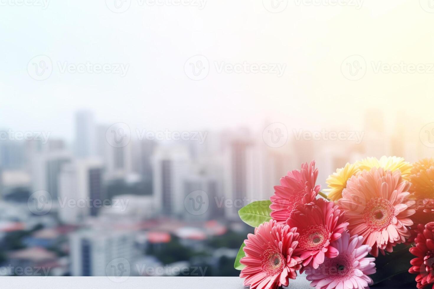 AI generated Flowers on City Skyline Background photo