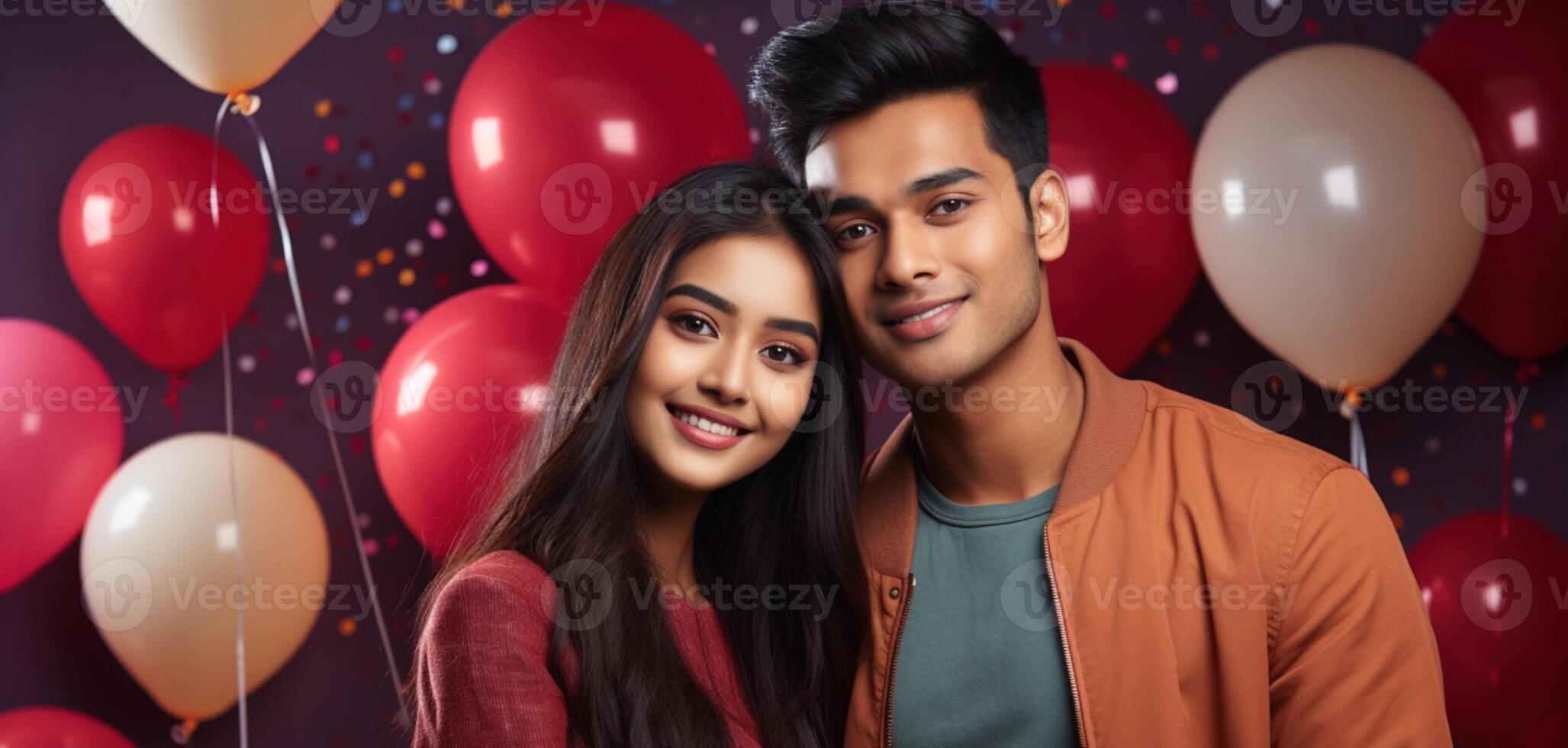 AI generated South asian boy and girl with balloons photo