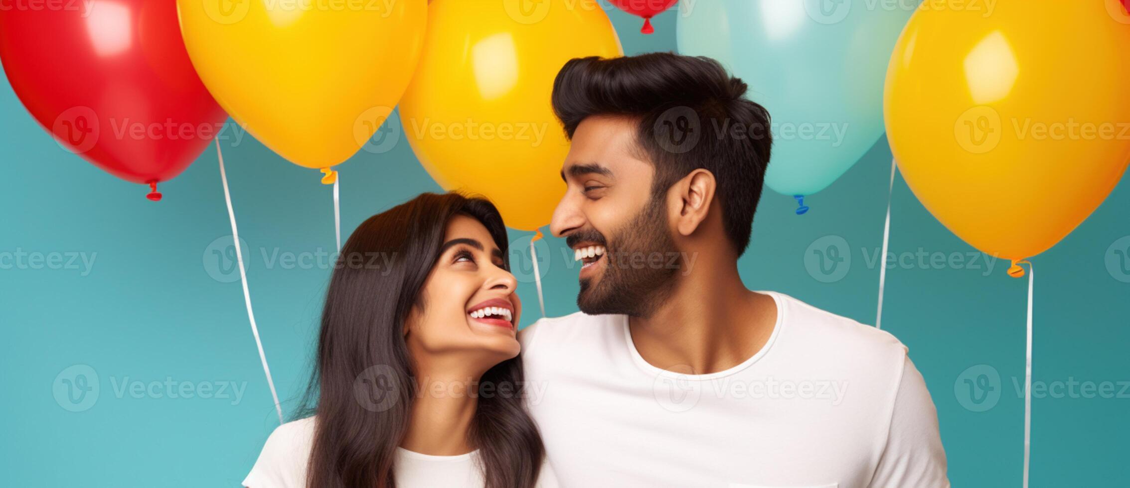 AI generated South asian boy and girl with balloons photo