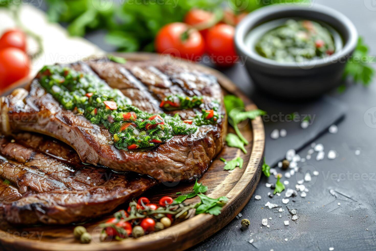 ai generado hecho en casa A la parrilla filete con chimichurri salsa y especias generativo ai foto