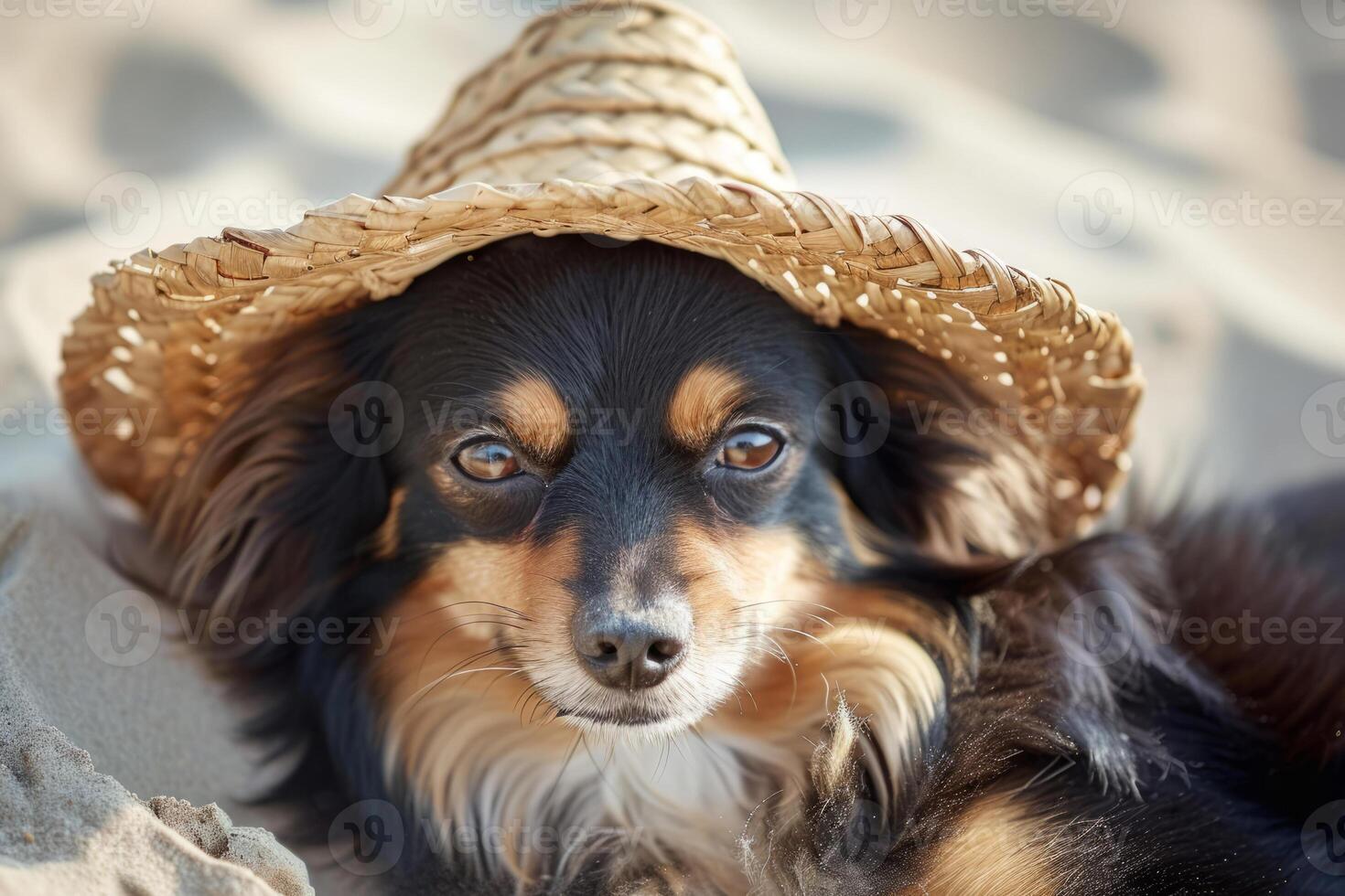 AI generated Dog in a straw hat resting on the beach. Generative AI photo