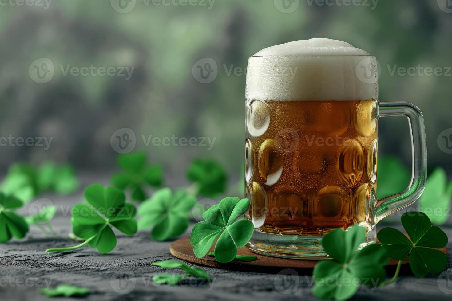 AI generated St. Patrick's Day background with a refreshing cold beer and clovers. Generative AI photo