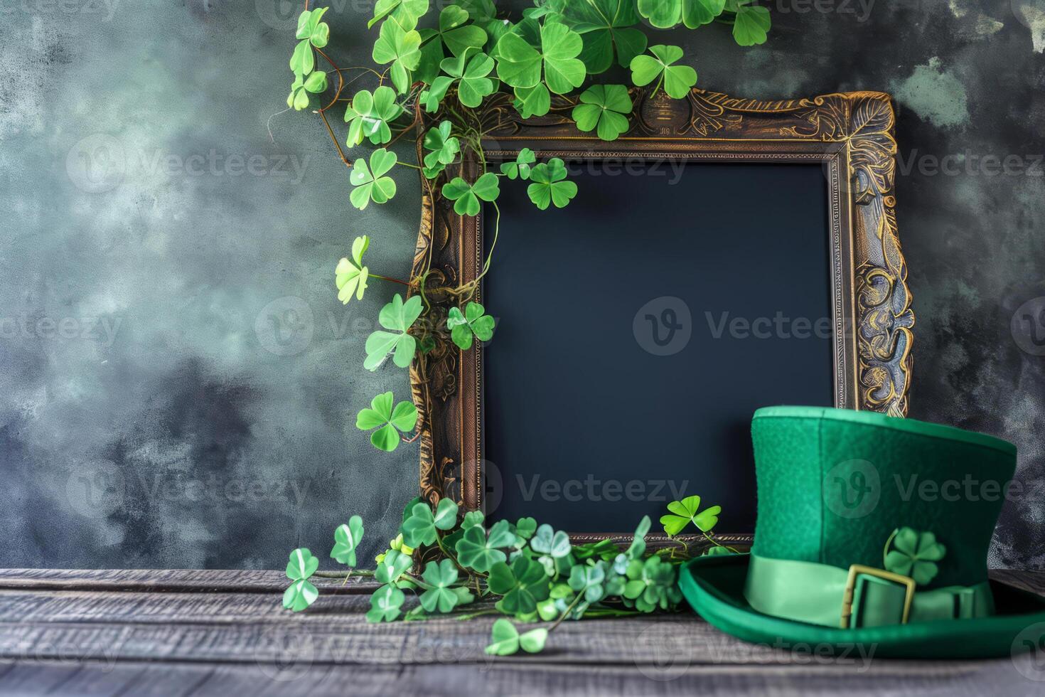 AI generated St. Patrick's Day background with leprechaun hat and clover leaves. Generative AI photo