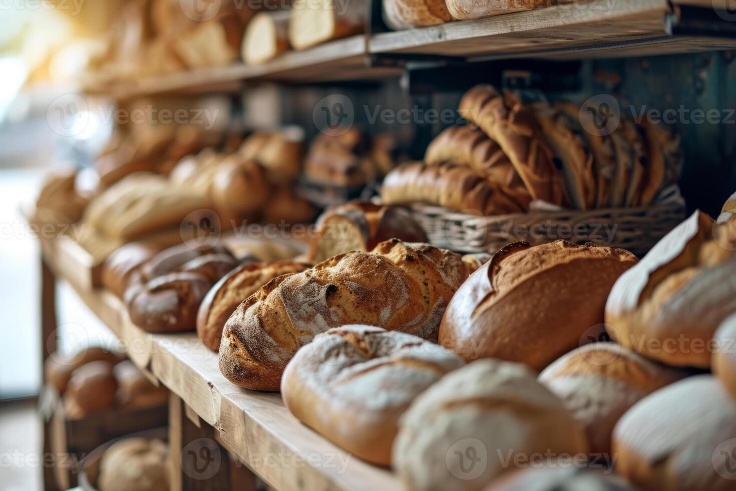 ai generado diferente tipos de un pan panes en panadería estantes. panadero tienda con rústico un pan surtido. generativo ai foto