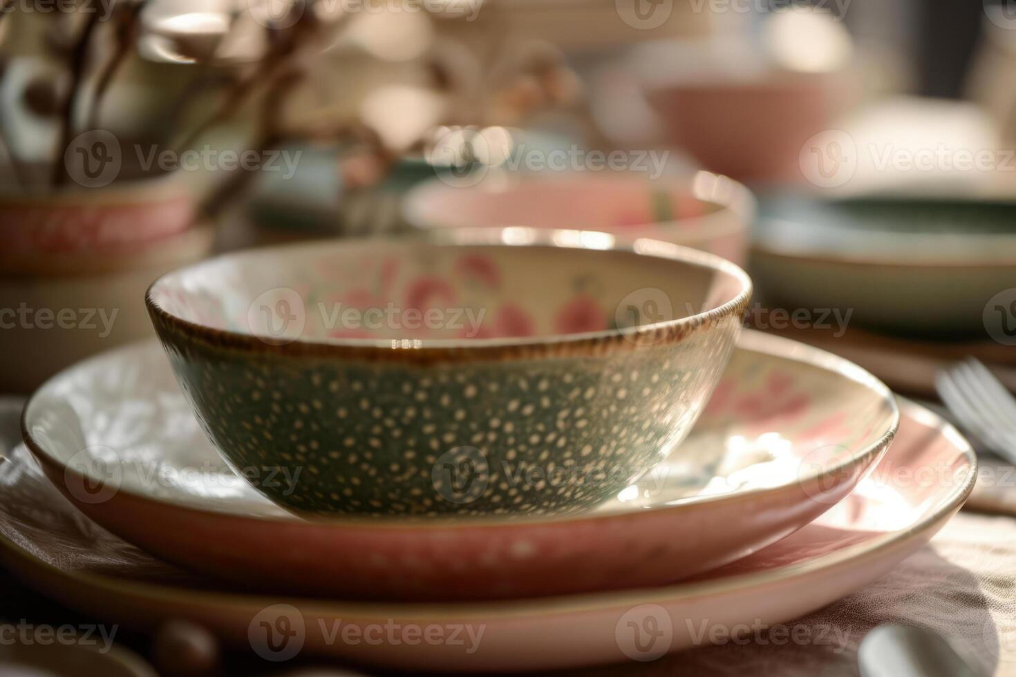 AI generated Home spring decor. Set of pink and green patterned tableware. Generative AI photo