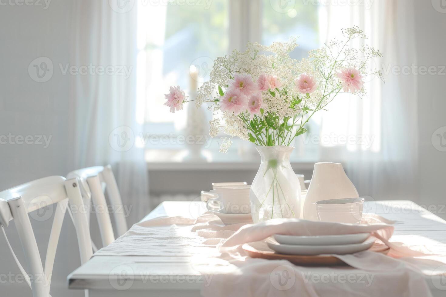 AI generated White indoor dining table day lunch table setup with shades of pink. Generative AI photo
