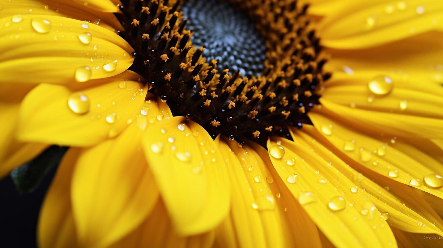 AI generated vibrant yellow sunflower petal in close up wet with dew photo