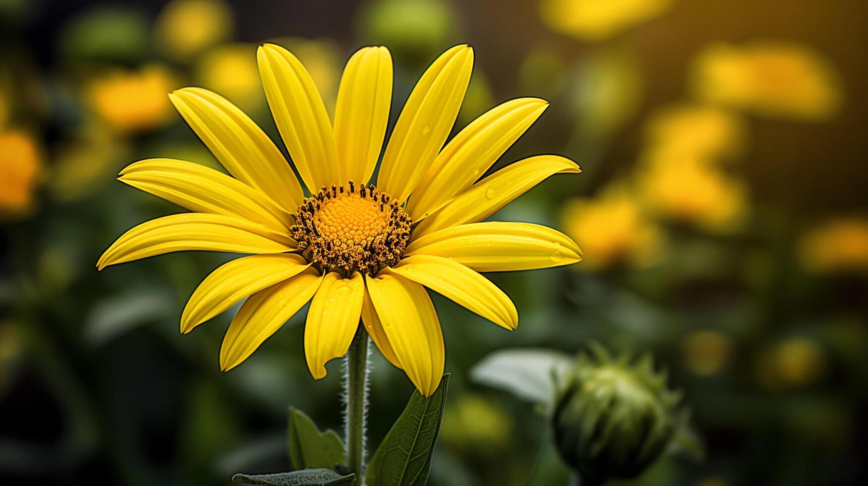 AI generated vibrant yellow daisy blossom close up in green meadow photo