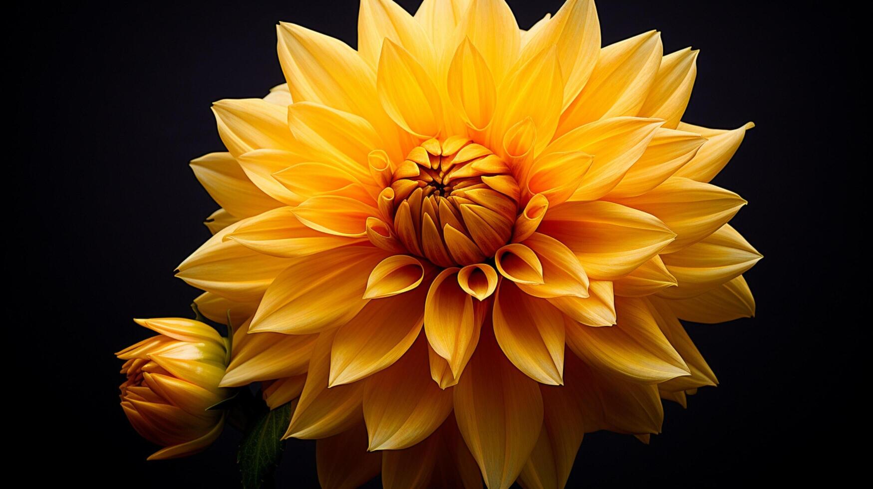 AI generated vibrant yellow dahlia blossom on black background studio photo