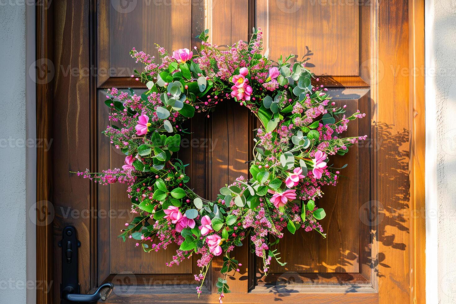 AI generated Spring flower wreath hanging on a house wooden door. Fresh wild flowers and home decoration. Generative AI photo