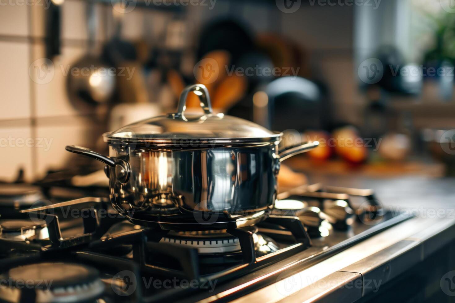 AI generated Pot on the stove. Stainless pan on the hob. Generative AI photo