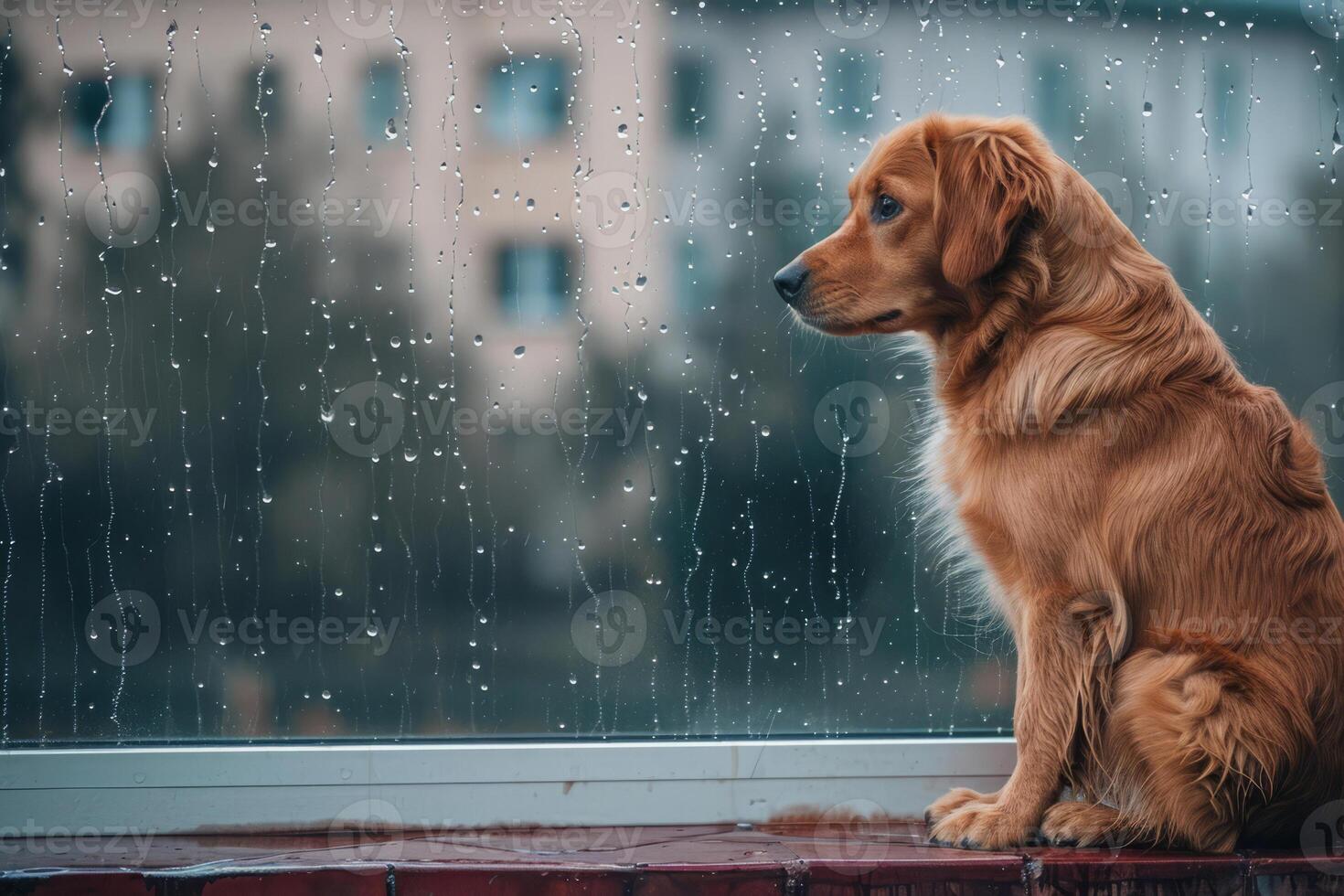 AI generated Dog waiting near the window for its owner in a rainy day. Generative AI photo