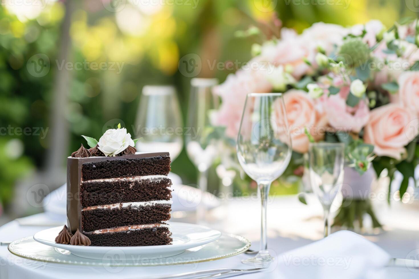 AI generated Slice of chocolate cake served on an elegant dinner table. Generative AI photo