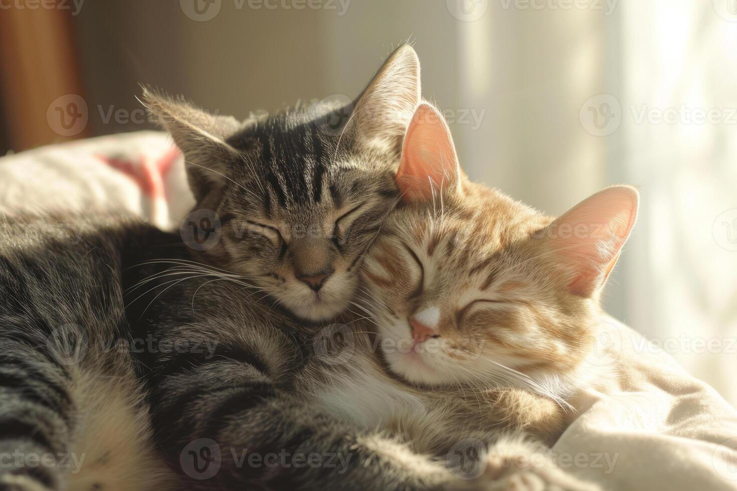 AI generated Two cats snuggling together. Two adorable kittens sleeping together close up. Generative AI photo