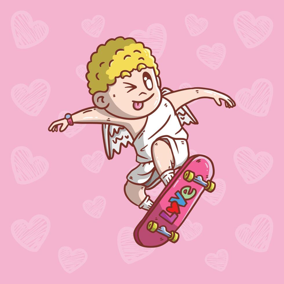Cartoon vector illustration of Cute Cupid jump with skateboard. Hand drawn vector illustration