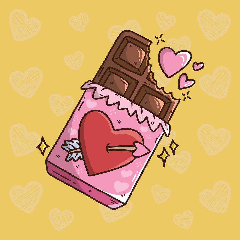 Cartoon vector illustration of bitten valentine chocolate bar. Valentine vector illustration. Hand drawn vector illustration