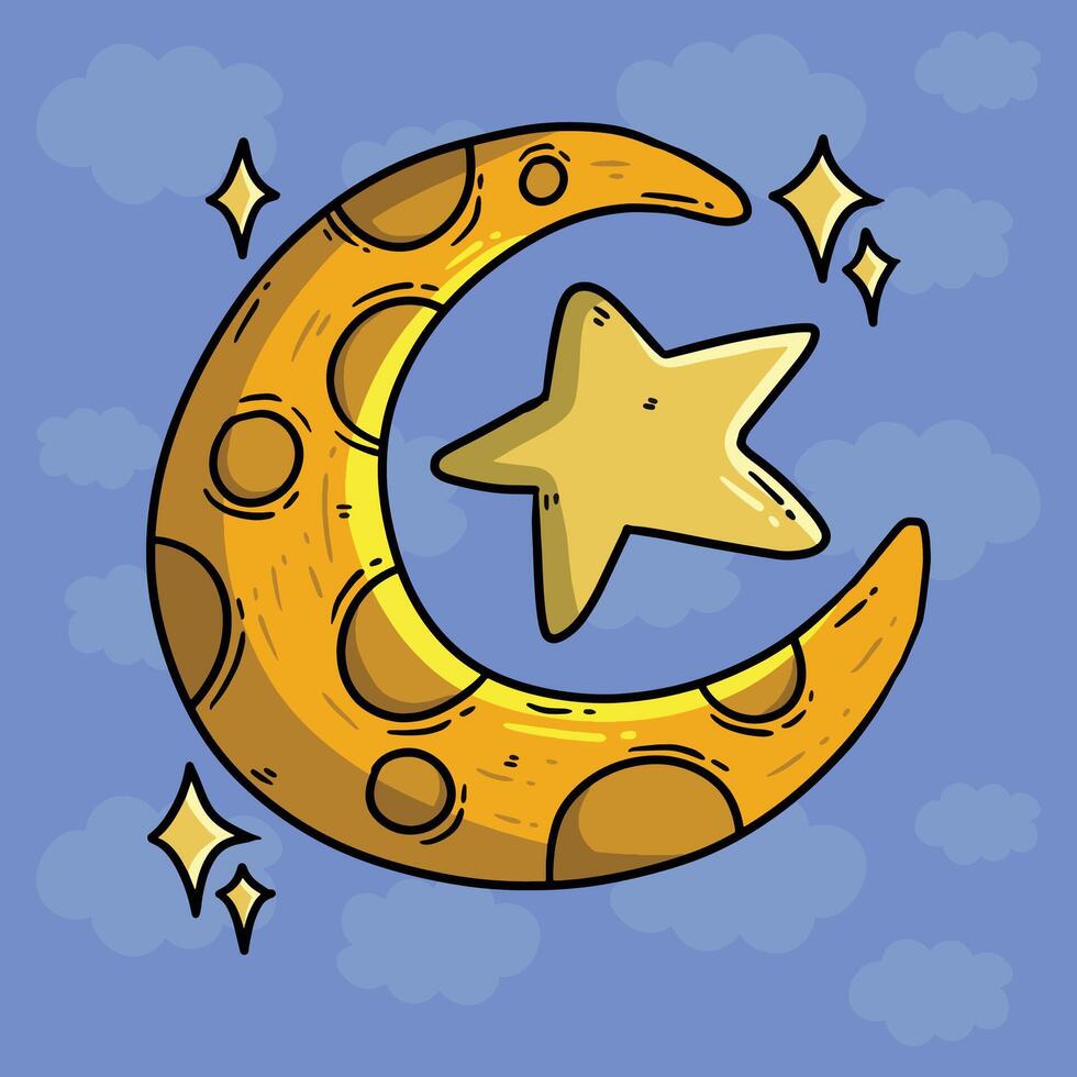 Crescent moon and star islamic cartoon vector illustration. Hand drawn vector illustration