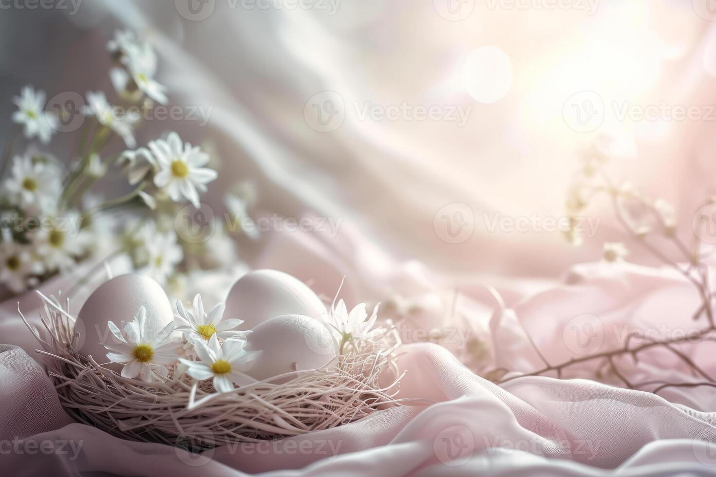 AI generated Pastel colored Easter eggs and flowers on sunny light background. Moody atmospheric image. Generative AI photo