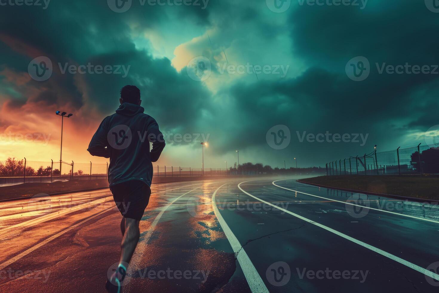 AI generated Back view of man runs on a track. Jogging concept at outdoors. Generative AI photo