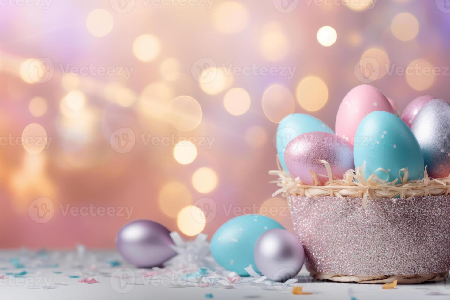 AI generated Banner with easter decorations in pastel colors. Easter basket and eggs, sparkling bokeh. Generative AI photo