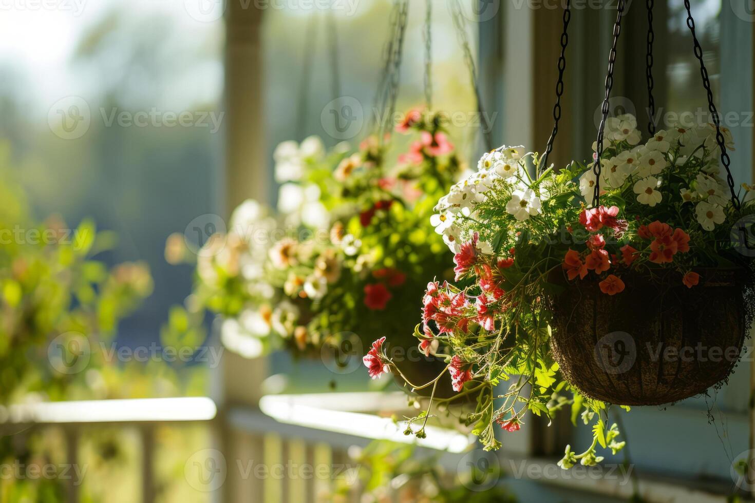 AI generated Hanging baskets of blooming spring flowers. Generative AI photo