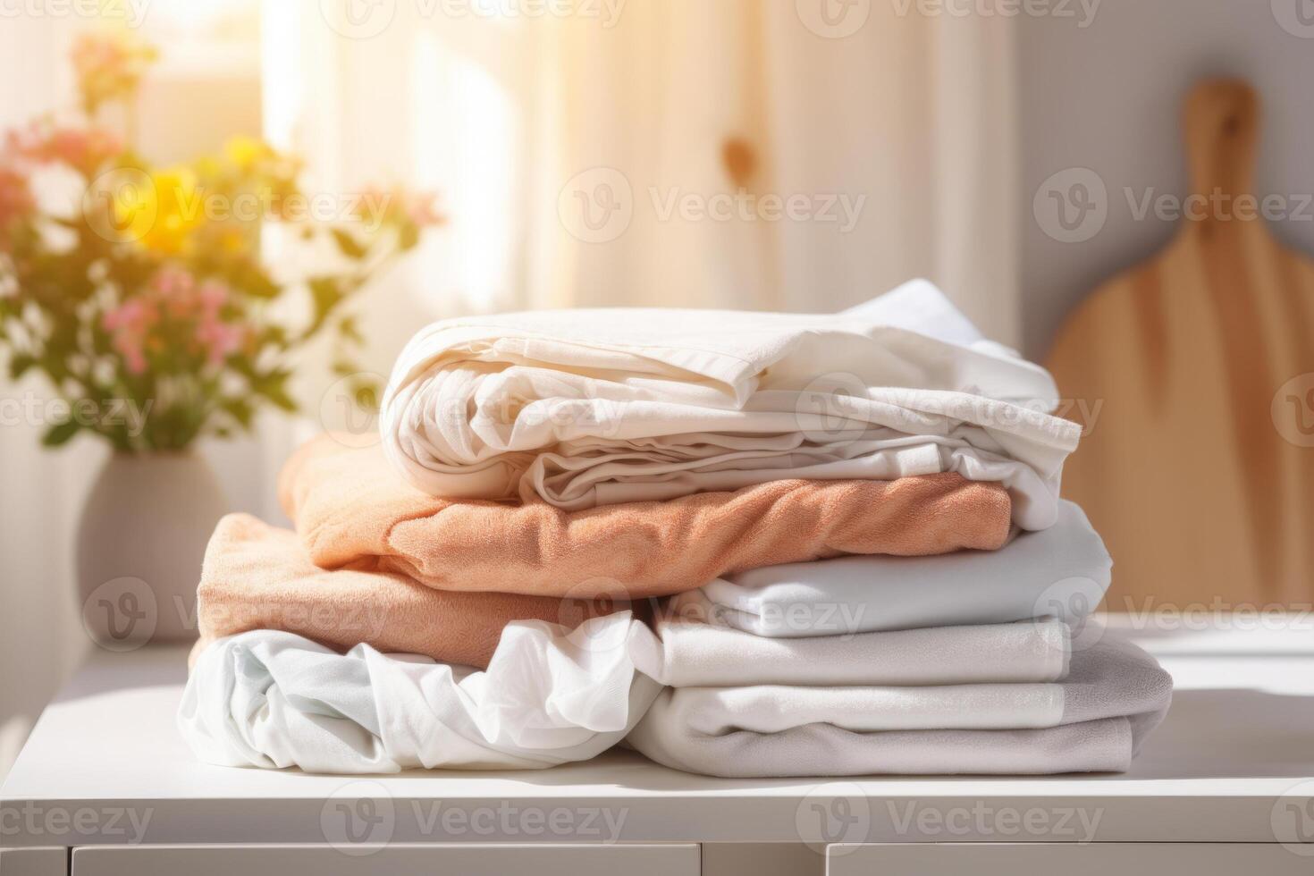 AI generated Stack of clean bedding sheets on blurred laundry room background. Generative AI photo