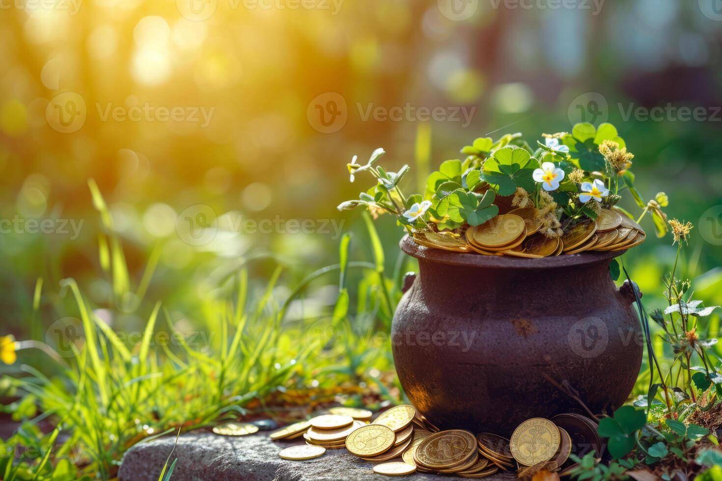 AI generated Pot with gold coins and clover. St. Patrick's Day background. Generative AI photo