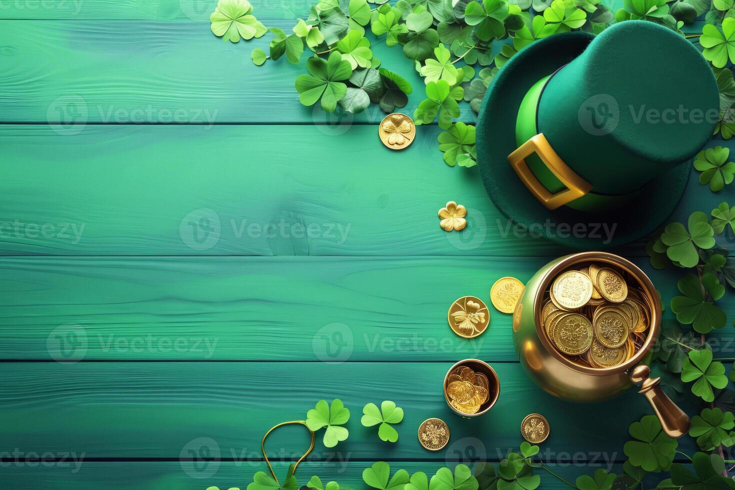 AI generated St. Patrick's Day background with leprechaun hat, pot of gold coins and clover leaves. Generative AI photo