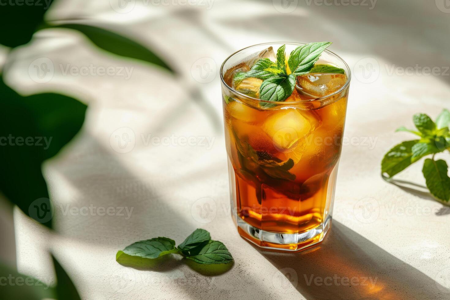 AI generated Traditional iced tea with mint, lemon and ice in tall glass. Summer drinks. Generative AI photo