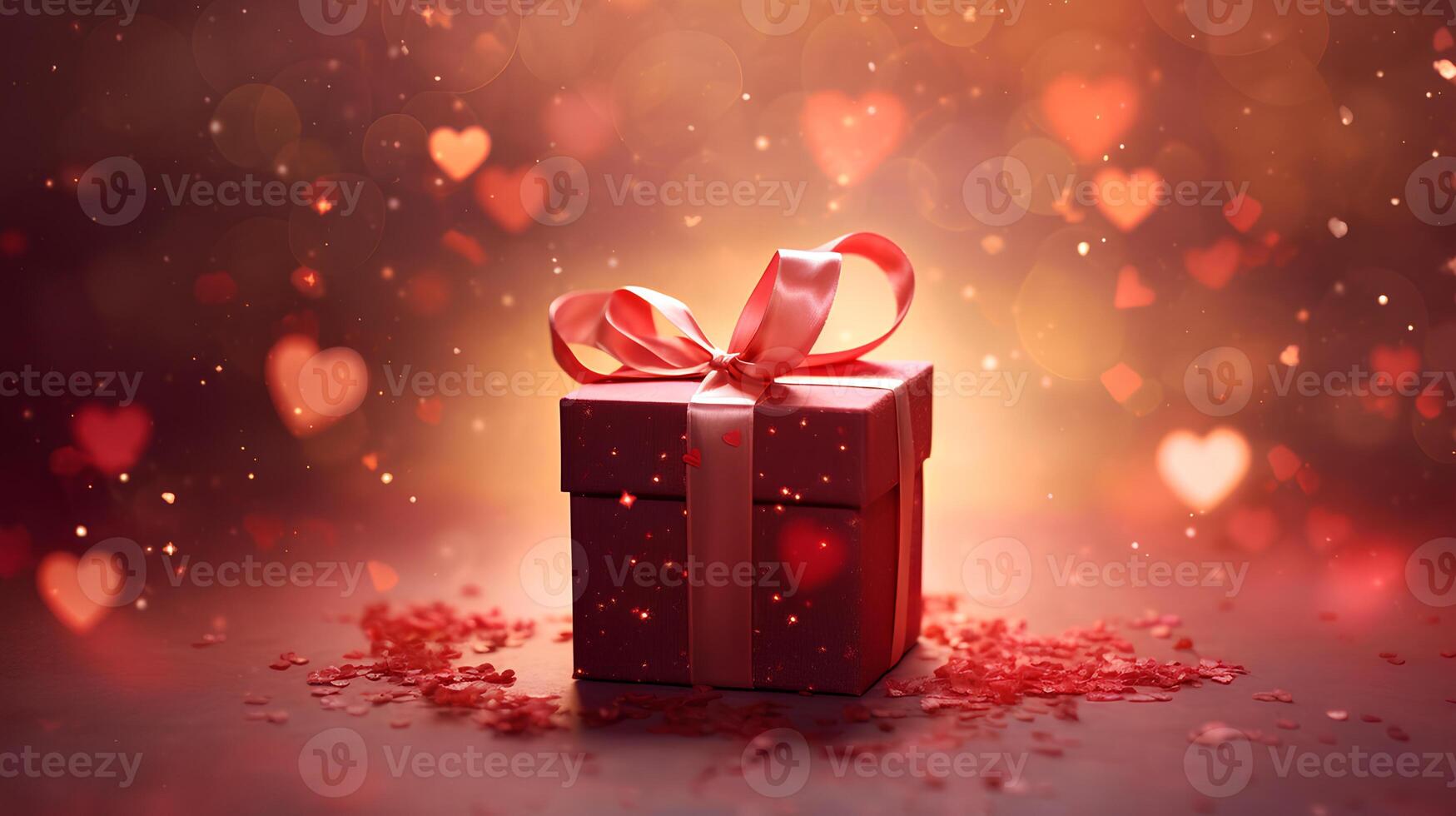 ai generado san valentin día regalo paquete con bokeh más ligero corazones foto